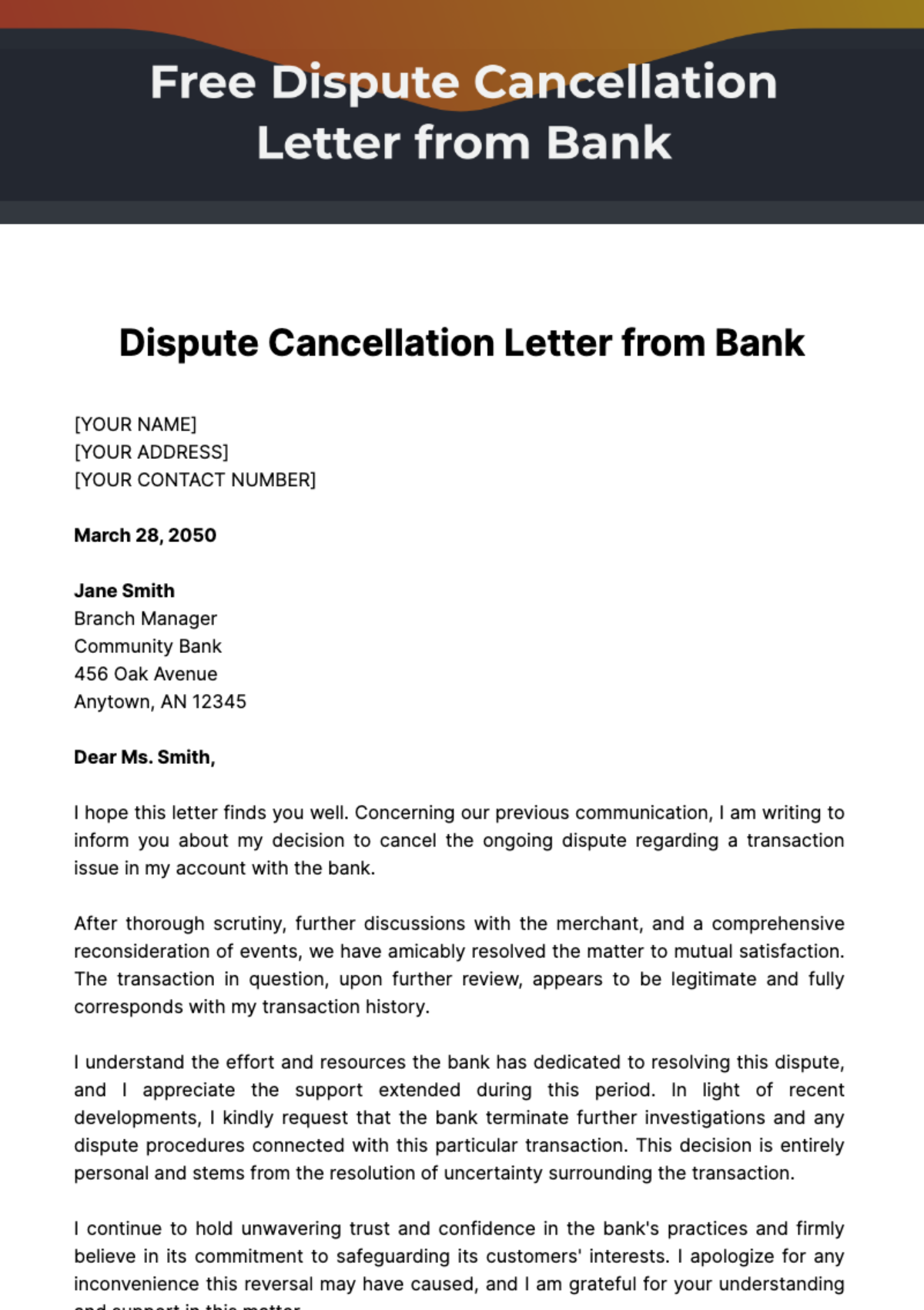 Free Dispute Cancellation Letter from Bank Template