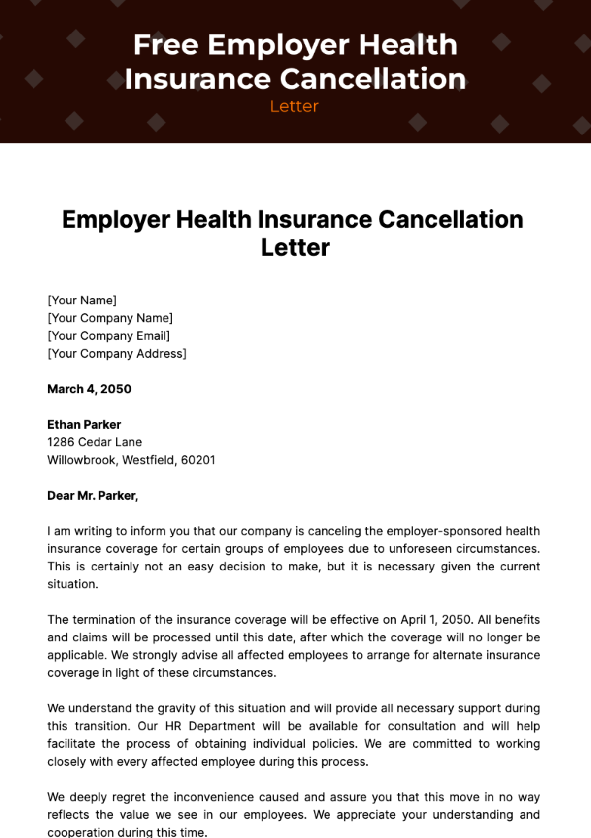 Free Employer Health Insurance Cancellation Letter Template