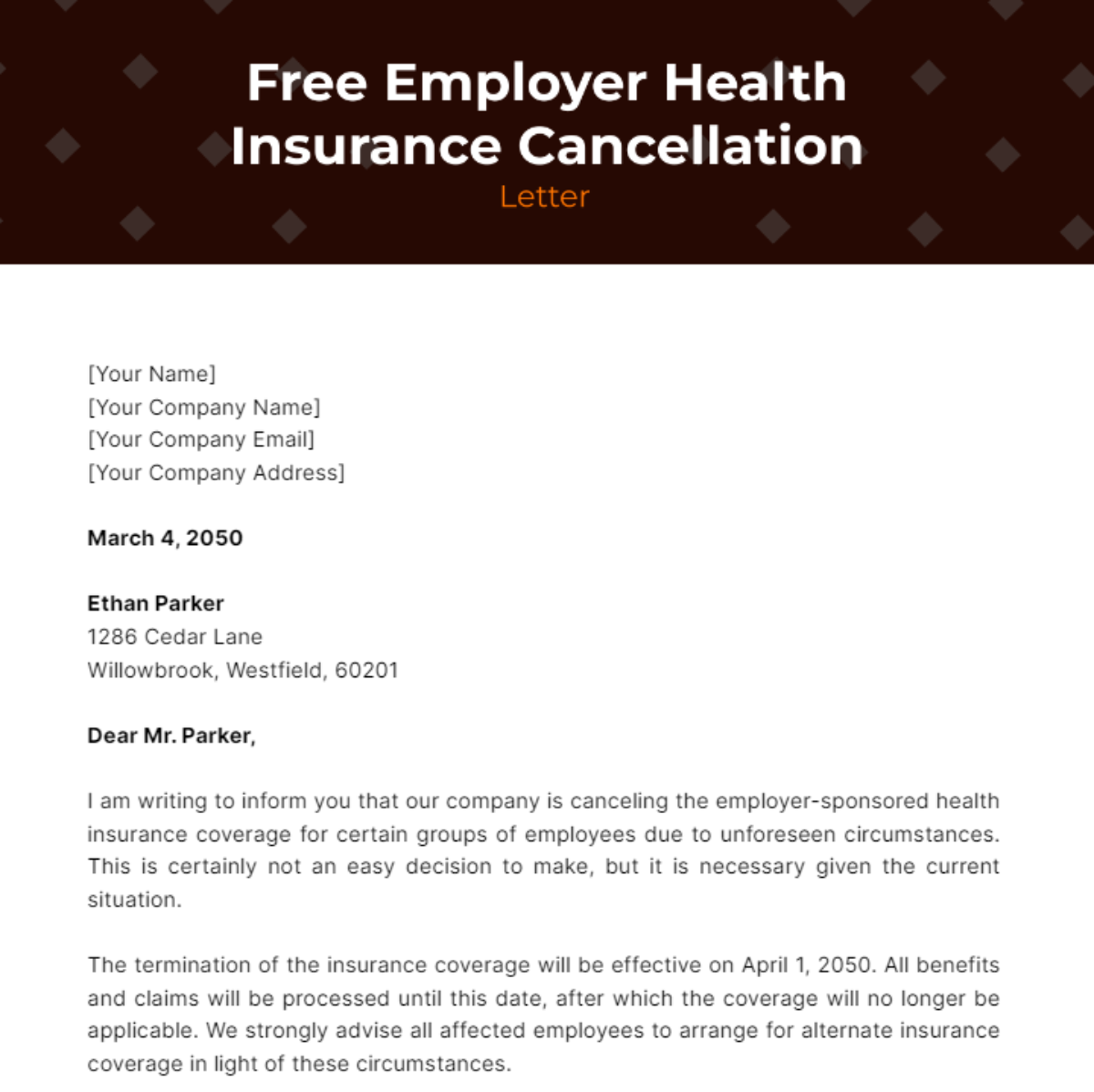 Employer Health Insurance Cancellation Letter Template