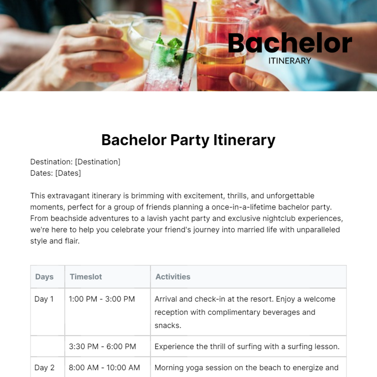 Bachelor Itinerary Template
