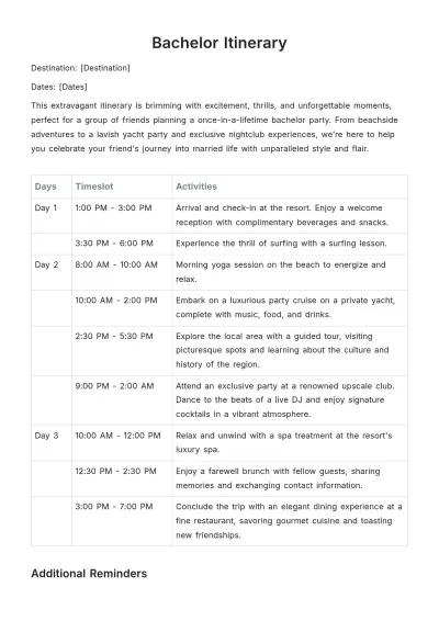 Free Bachelor Itinerary Template to Edit Online