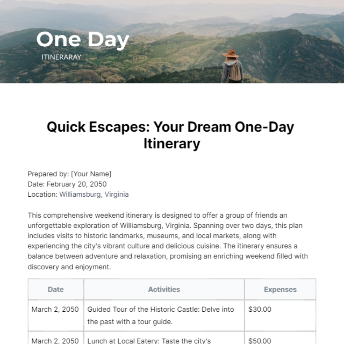 One Day Itinerary Template