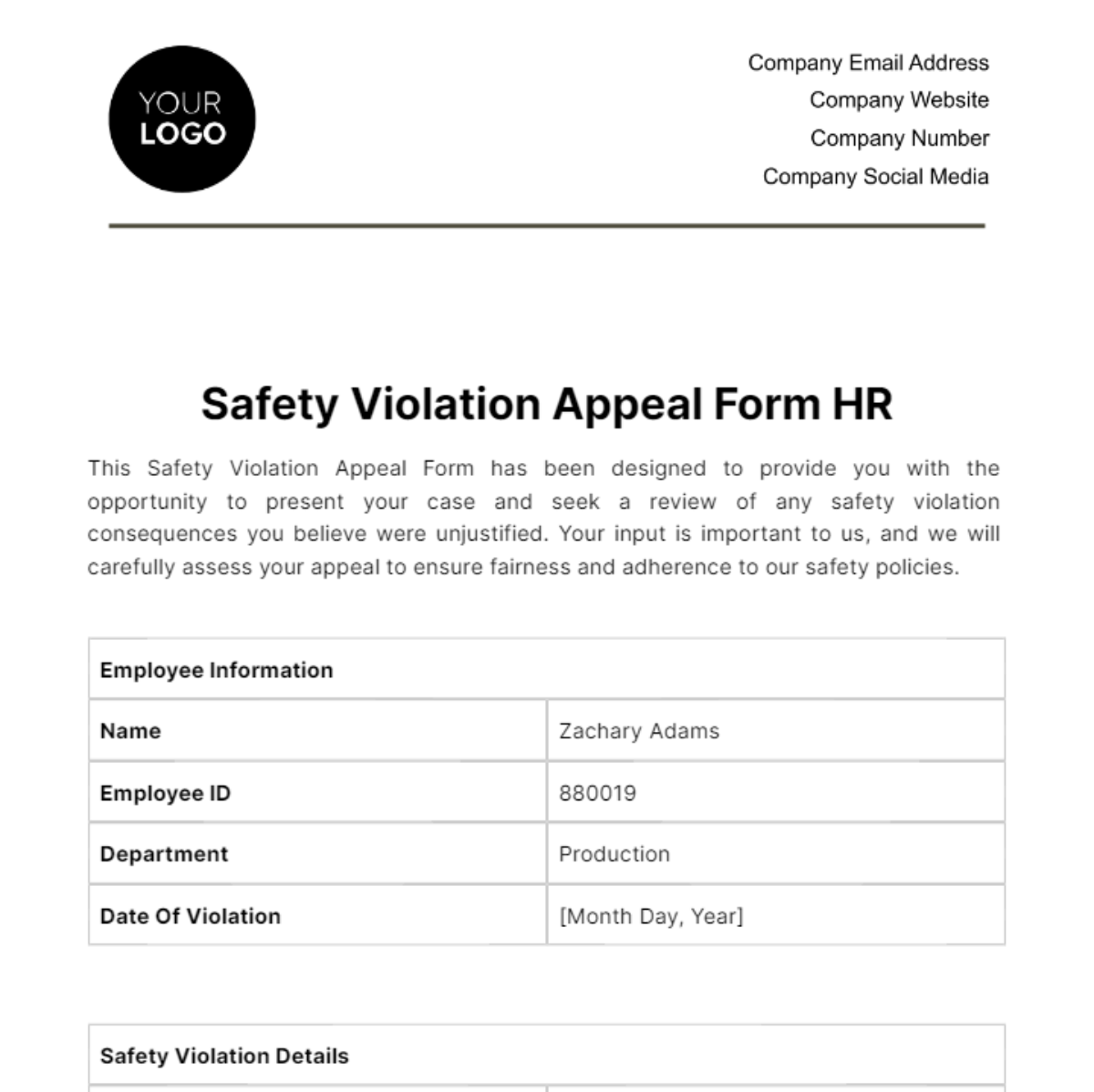 Safety Violation Appeal Form HR Template - Edit Online & Download