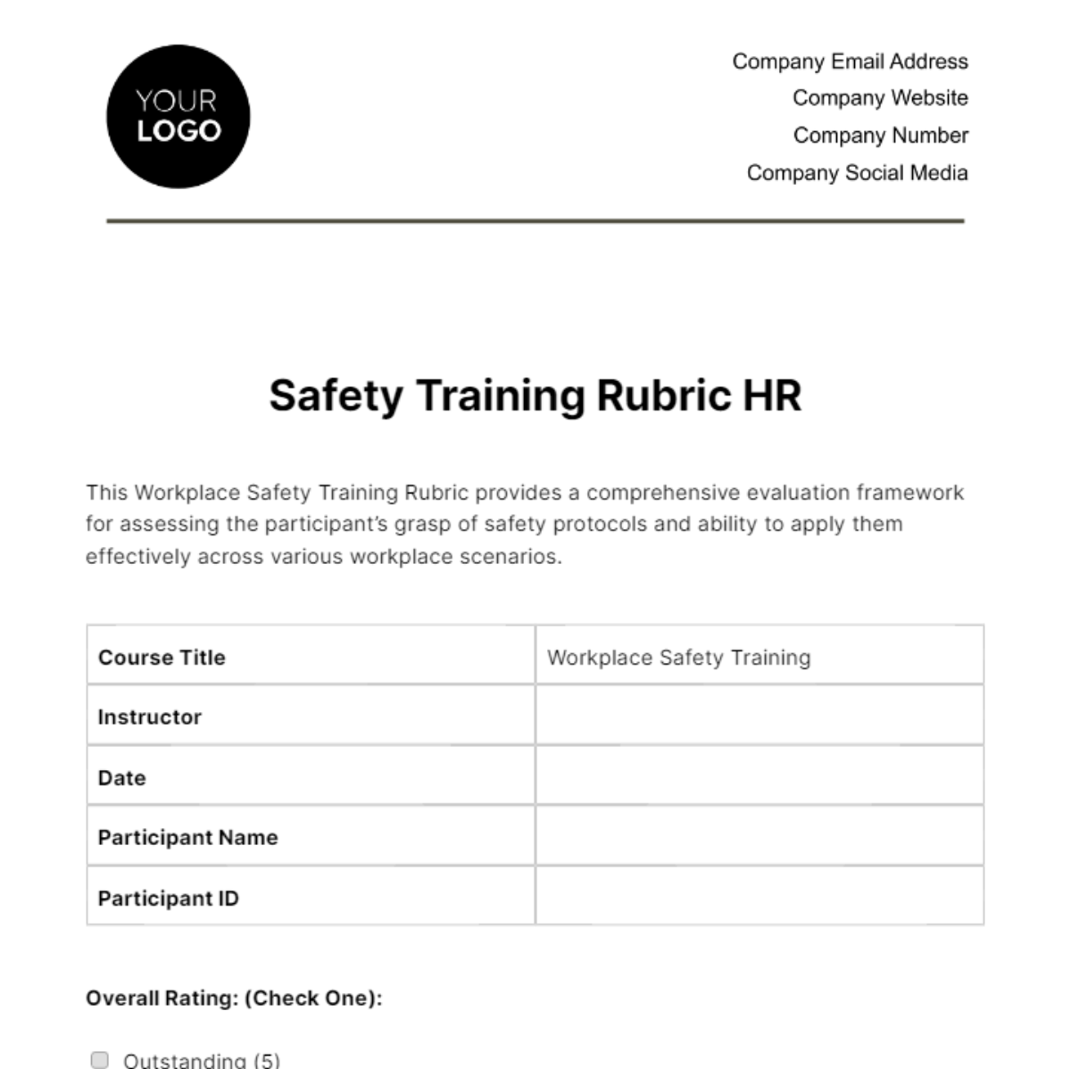 Safety Training Rubric HR Template - Edit Online & Download