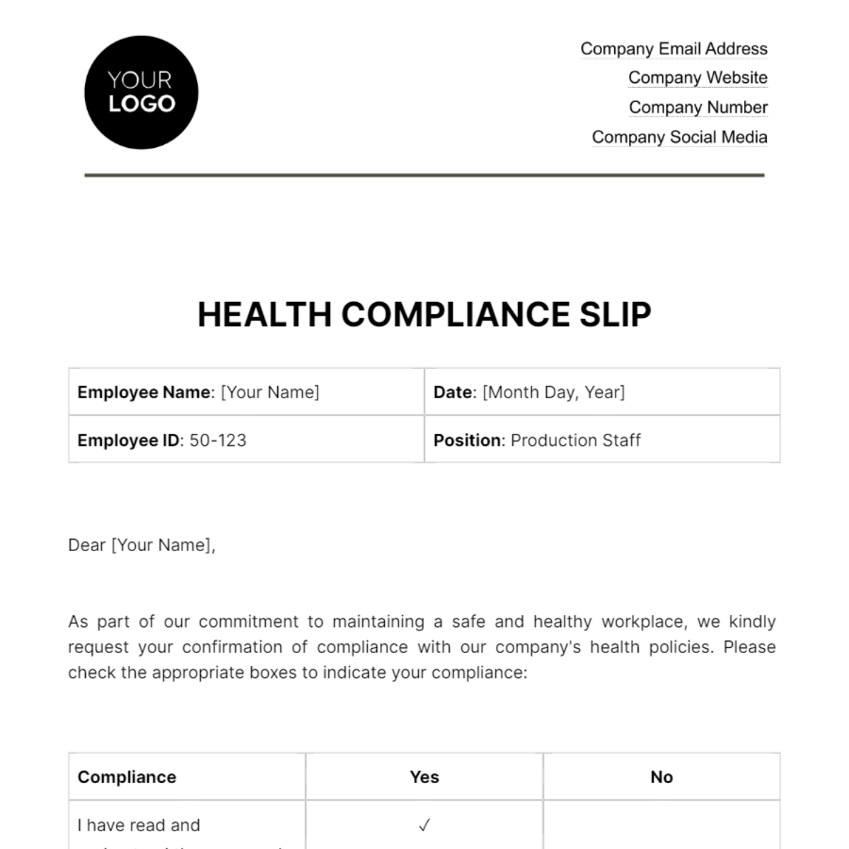 Health Compliance Slip HR Template
