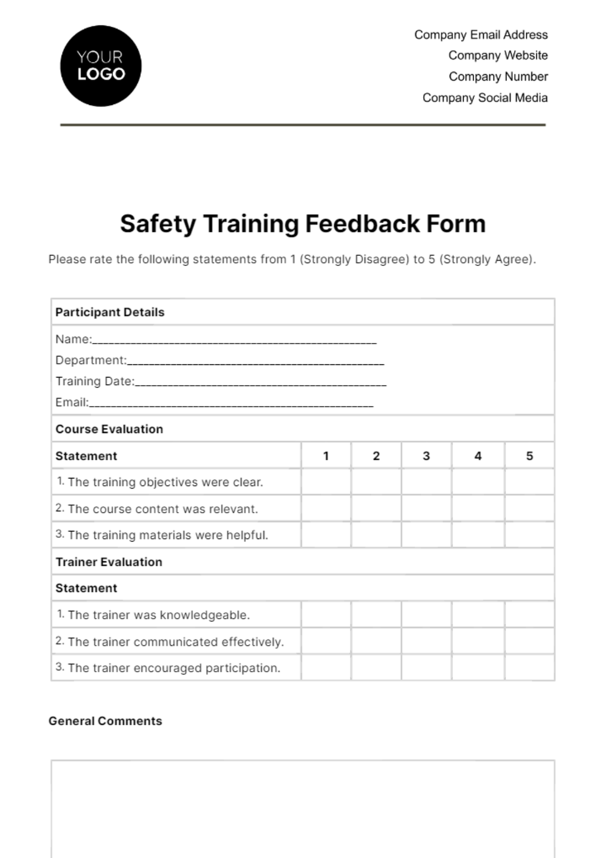 Safety Training Feedback Form HR Template