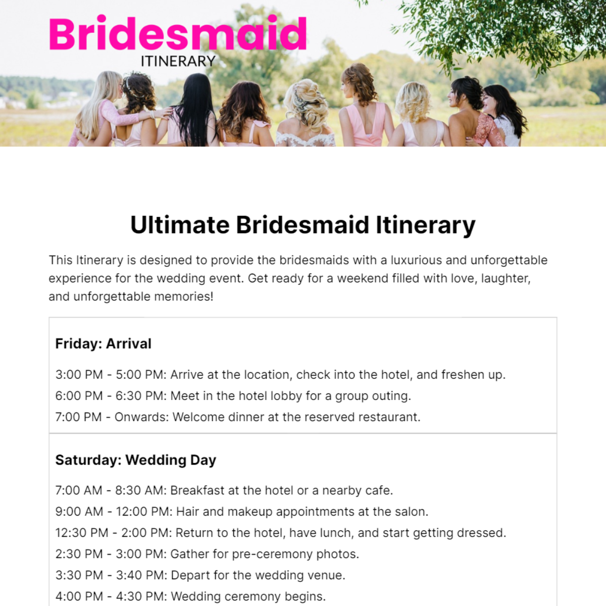 Bridesmaid Itinerary Template