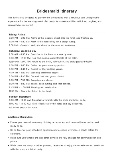 Free Bridesmaid Itinerary Template to Edit Online