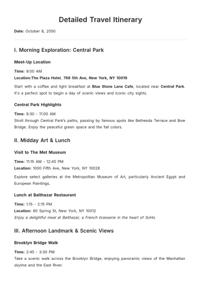 Free Detailed Travel Itinerary Template to Edit Online