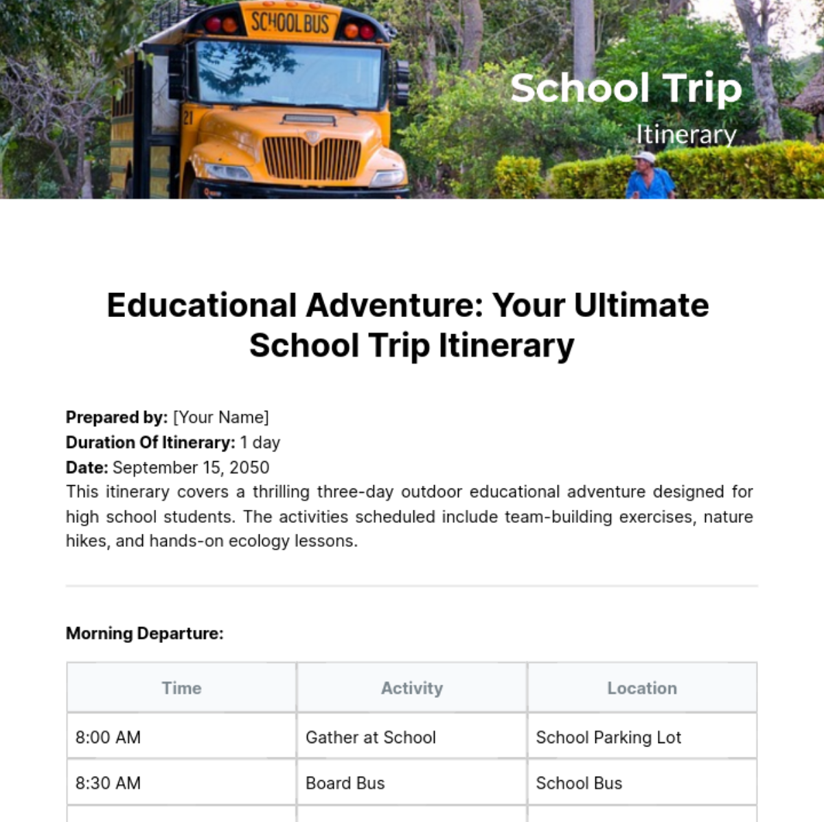School Trip Itinerary Template