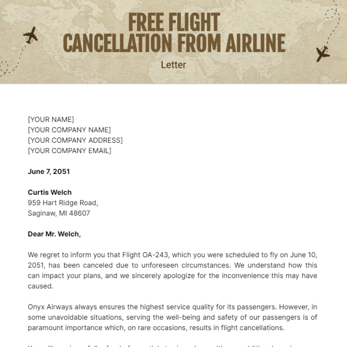 Flight Cancellation Letter from Airline Template
