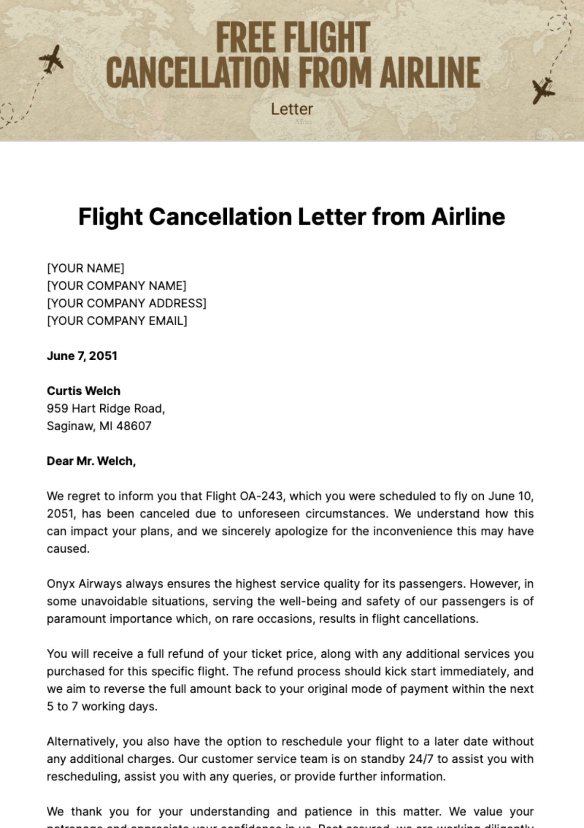 Free Flight Cancellation Letter from Airline Template