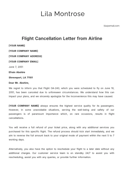 Free Flight Cancellation Letter from Airline Template to Edit Online