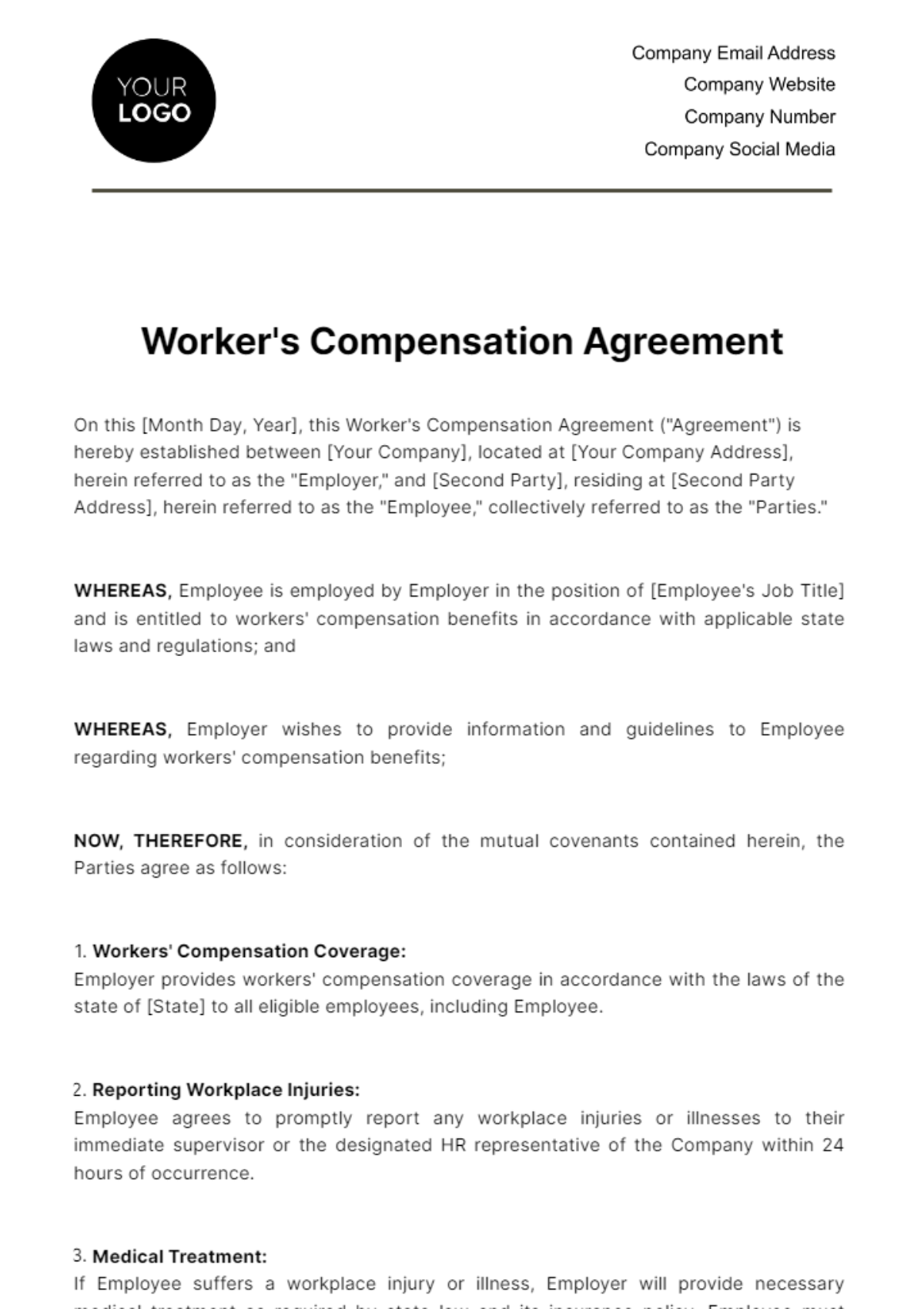 Worker's Compensation Agreement HR Template