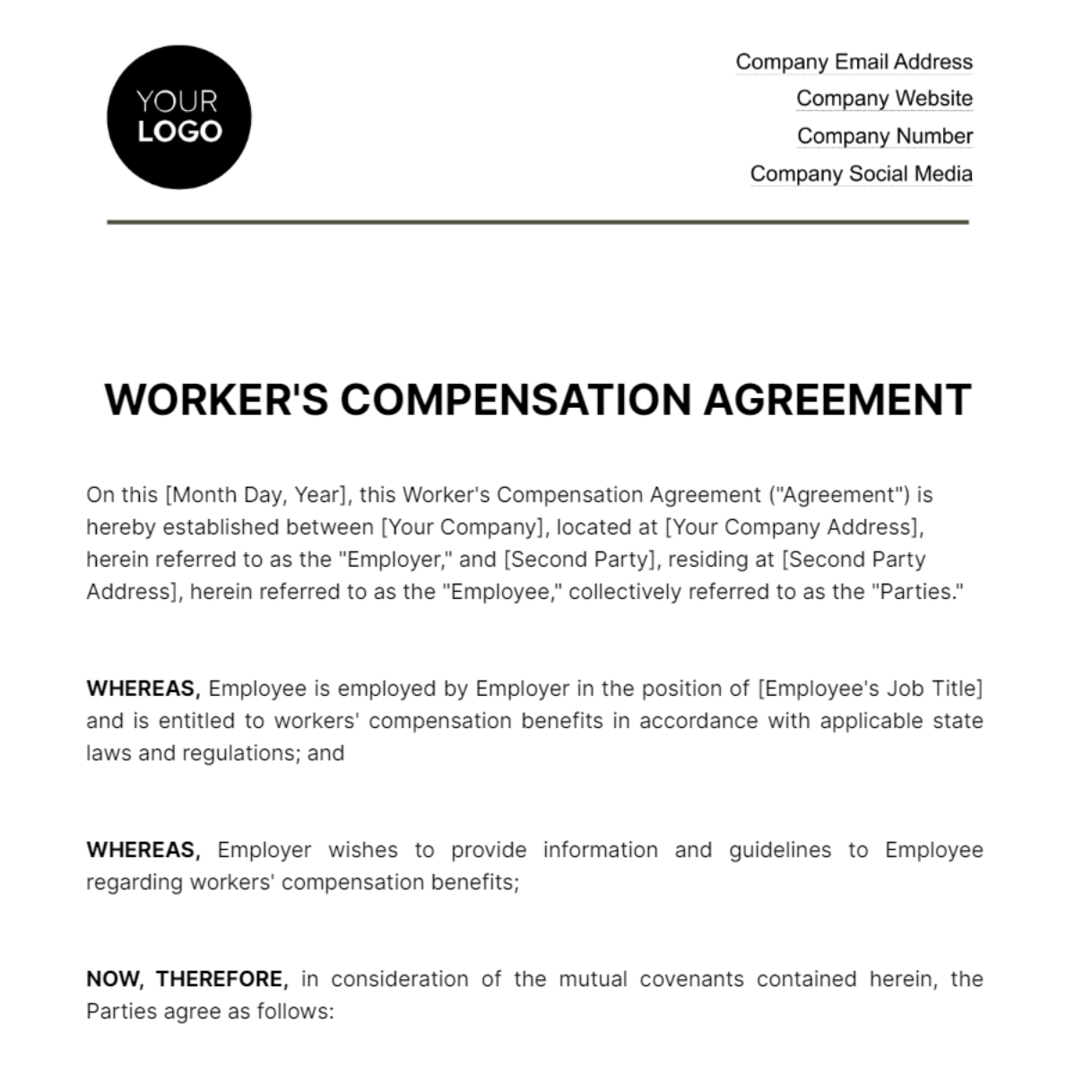 Worker's Compensation Agreement HR Template - Edit Online & Download