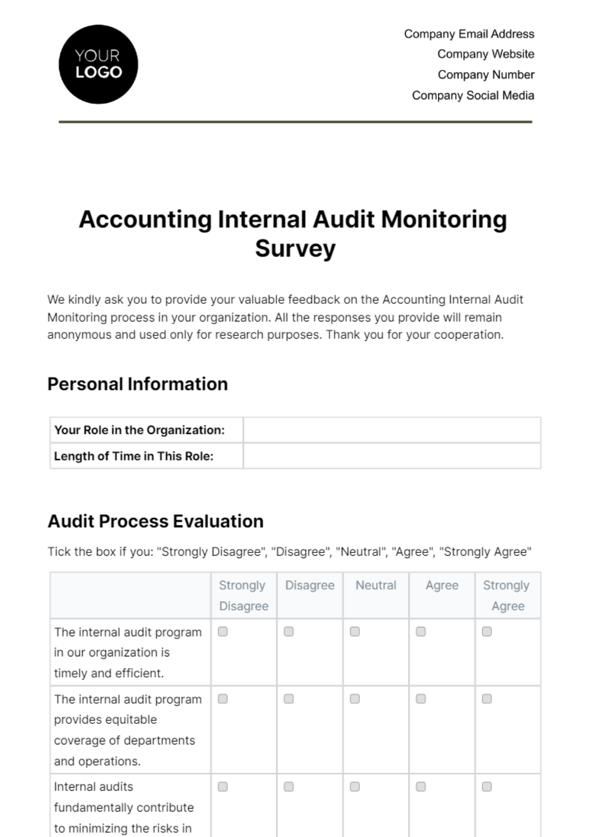 Accounting Internal Audit Monitoring Survey Template
