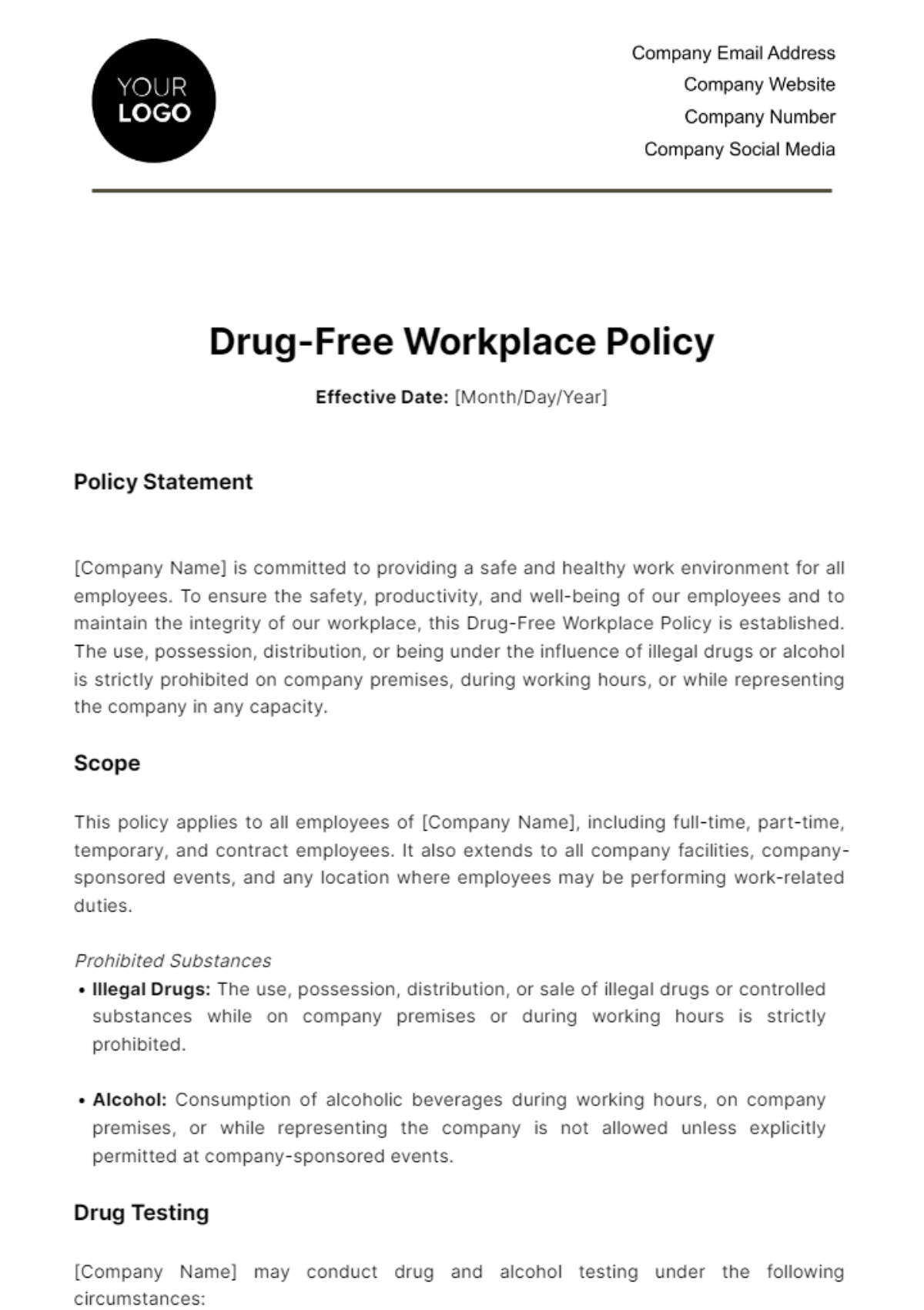 Drug-Free Workplace Policy HR Template