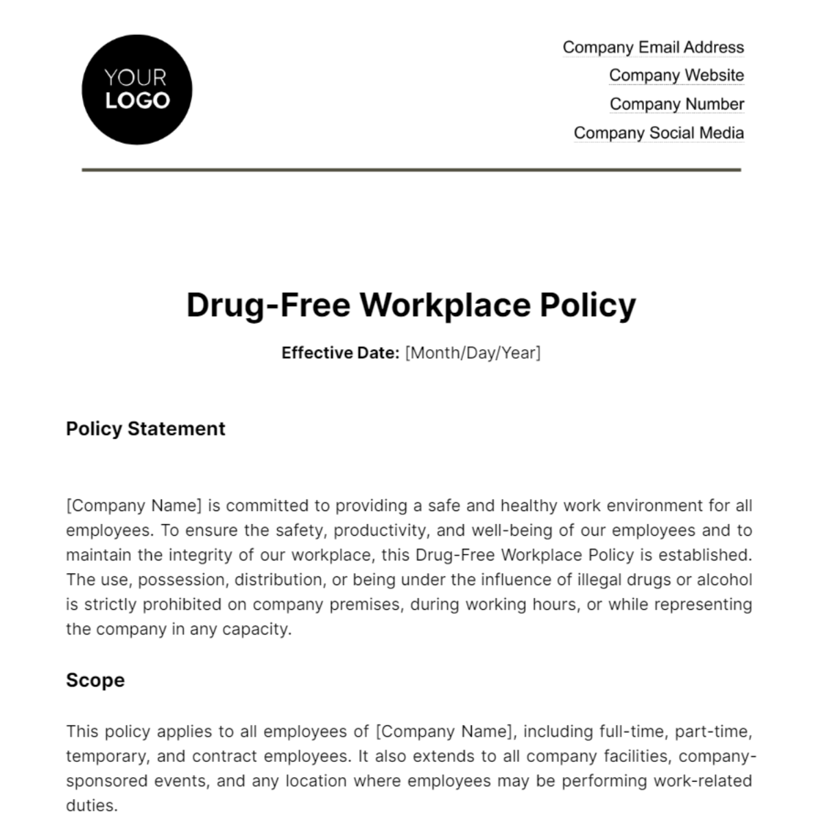 Drug-Free Workplace Policy HR Template - Edit Online & Download