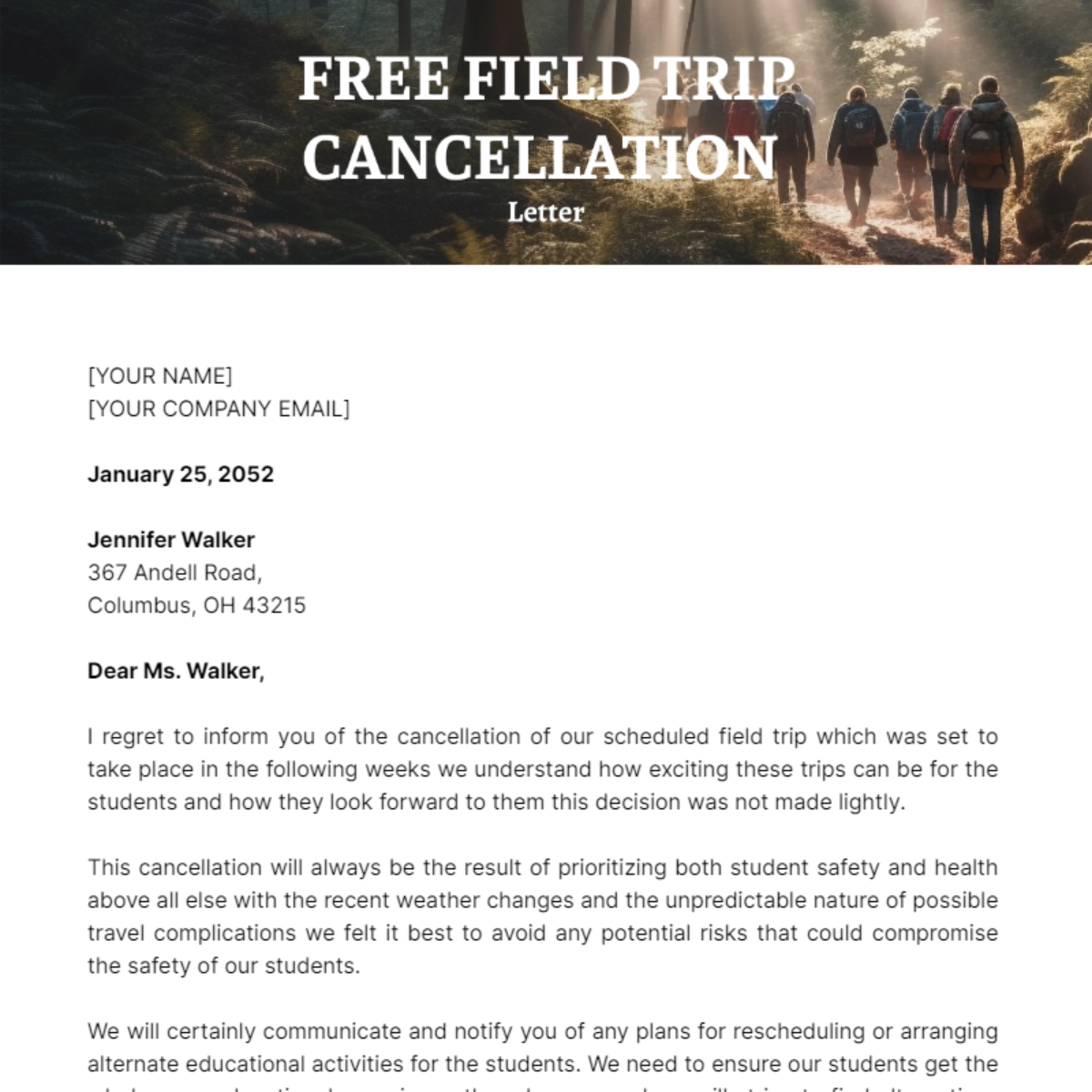 Field Trip Cancellation Letter to Parents Template