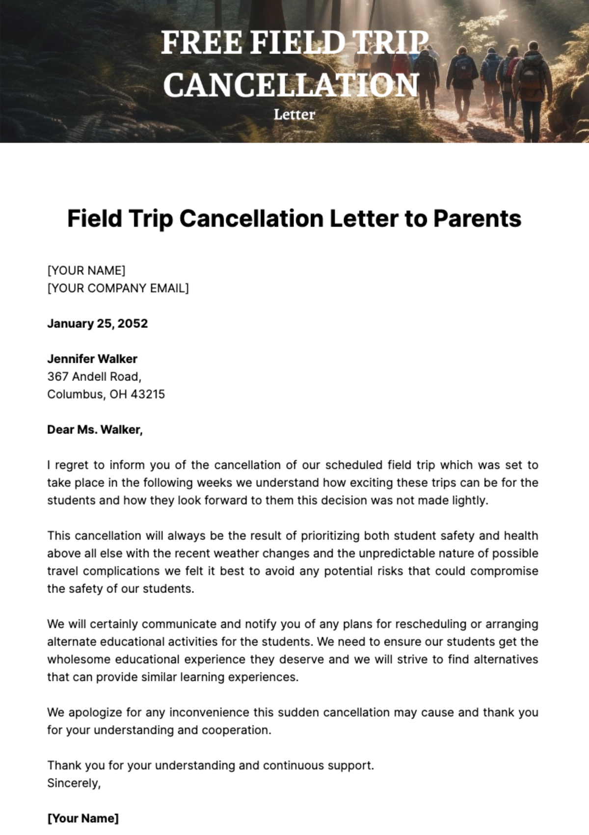 Free Field Trip Cancellation Letter to Parents Template