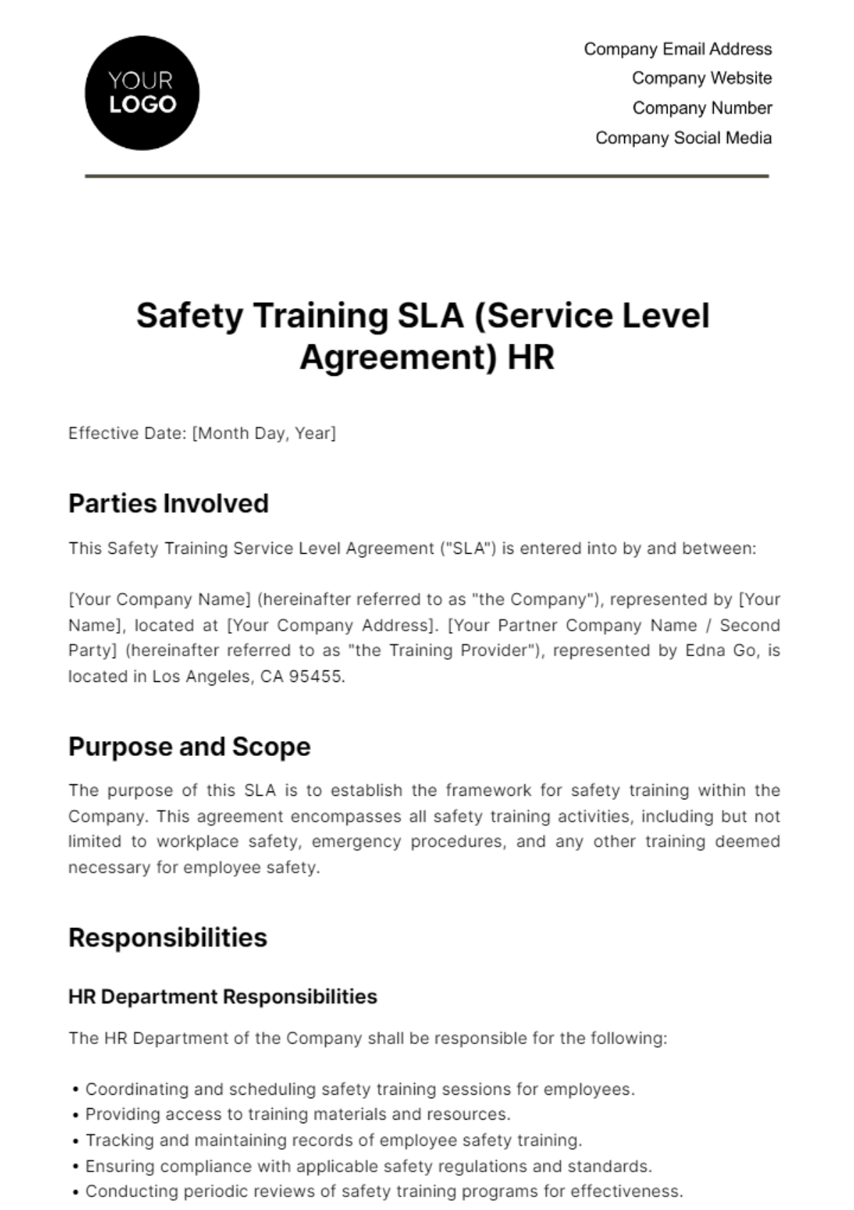 Free Safety Training SLA (Service Level Agreement) HR Template