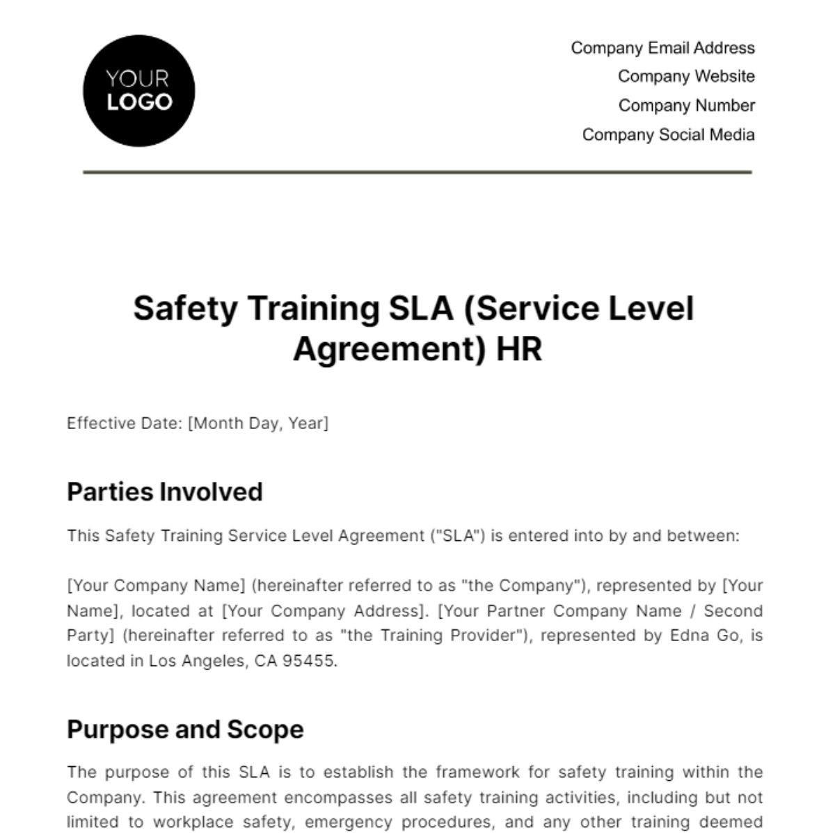 Safety Training SLA (Service Level Agreement) HR Template - Edit Online & Download