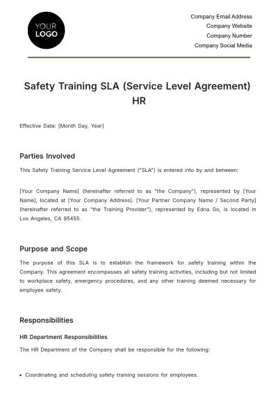 Free Safety Training SLA (Service Level Agreement) HR Template to Edit Online