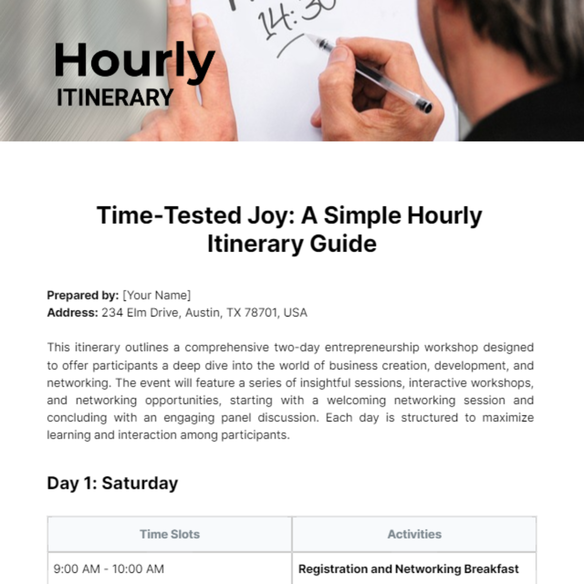 Hourly Itinerary Template