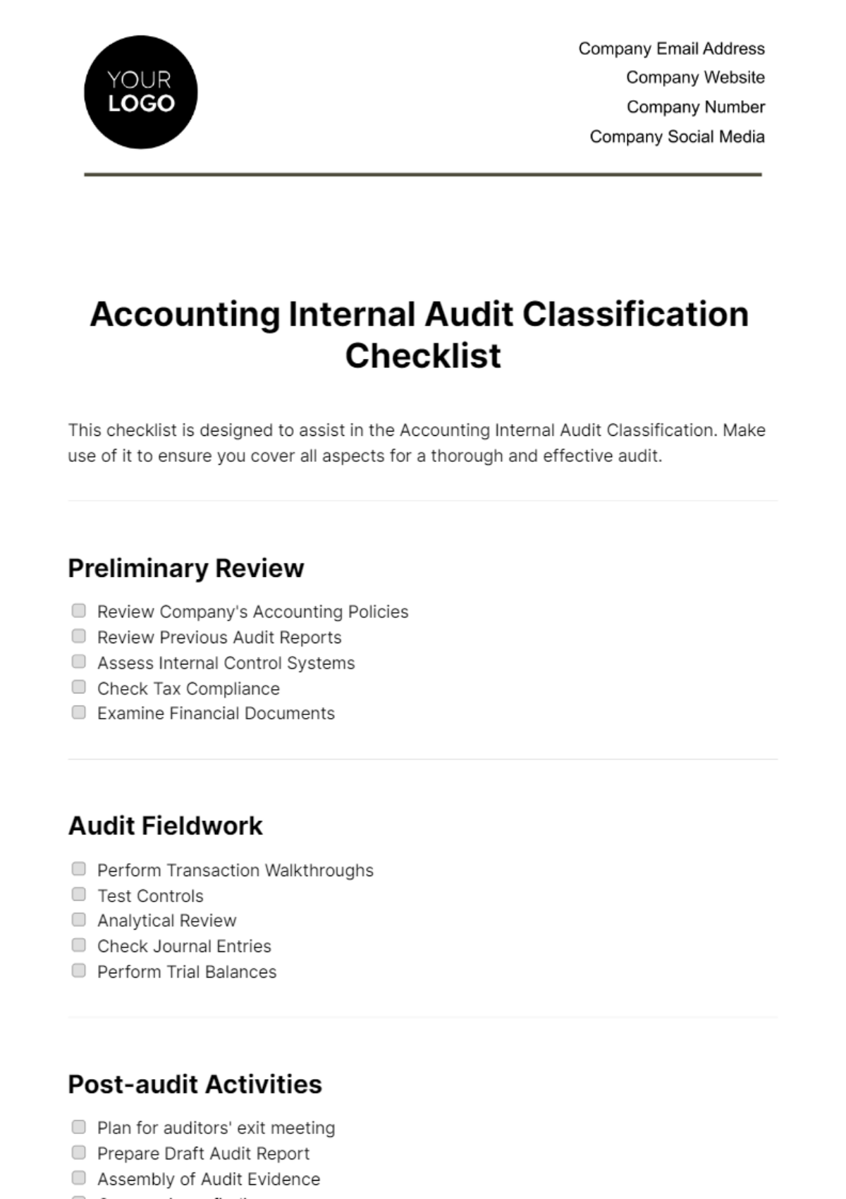 Free Accounting Internal Audit Classification Checklist Template
