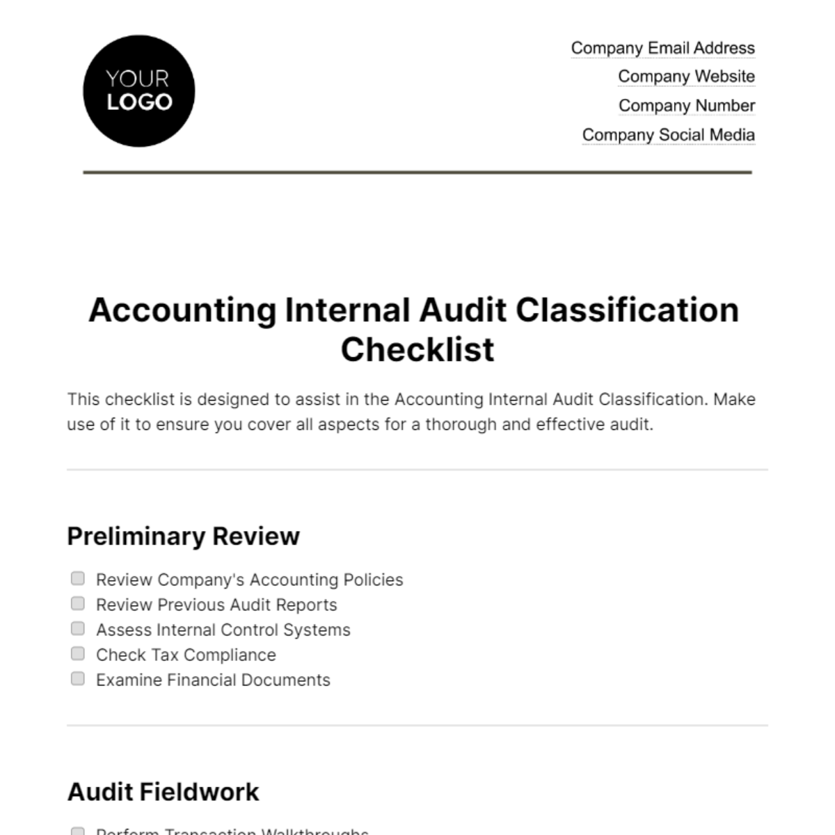 Accounting Internal Audit Classification Checklist Template - Edit Online & Download