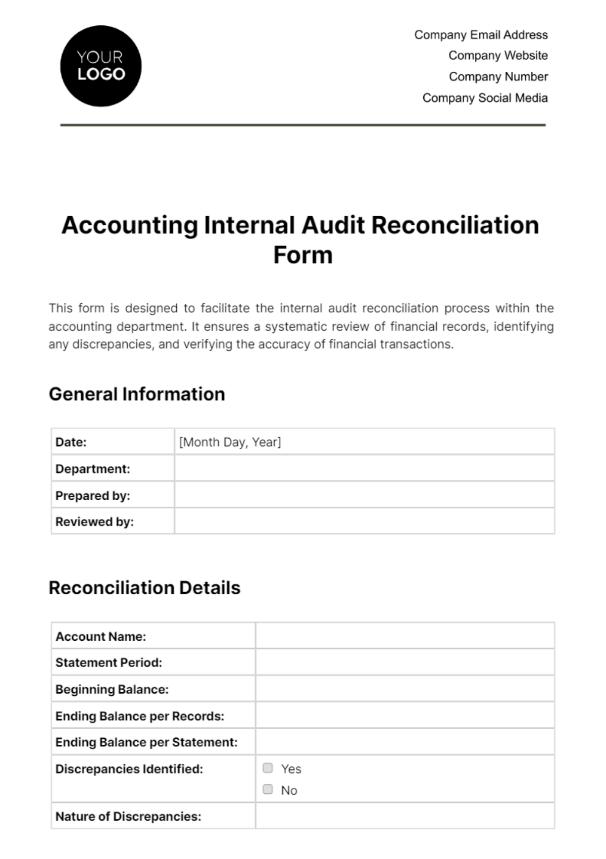 Free Accounting Internal Audit Reconciliation Form Template