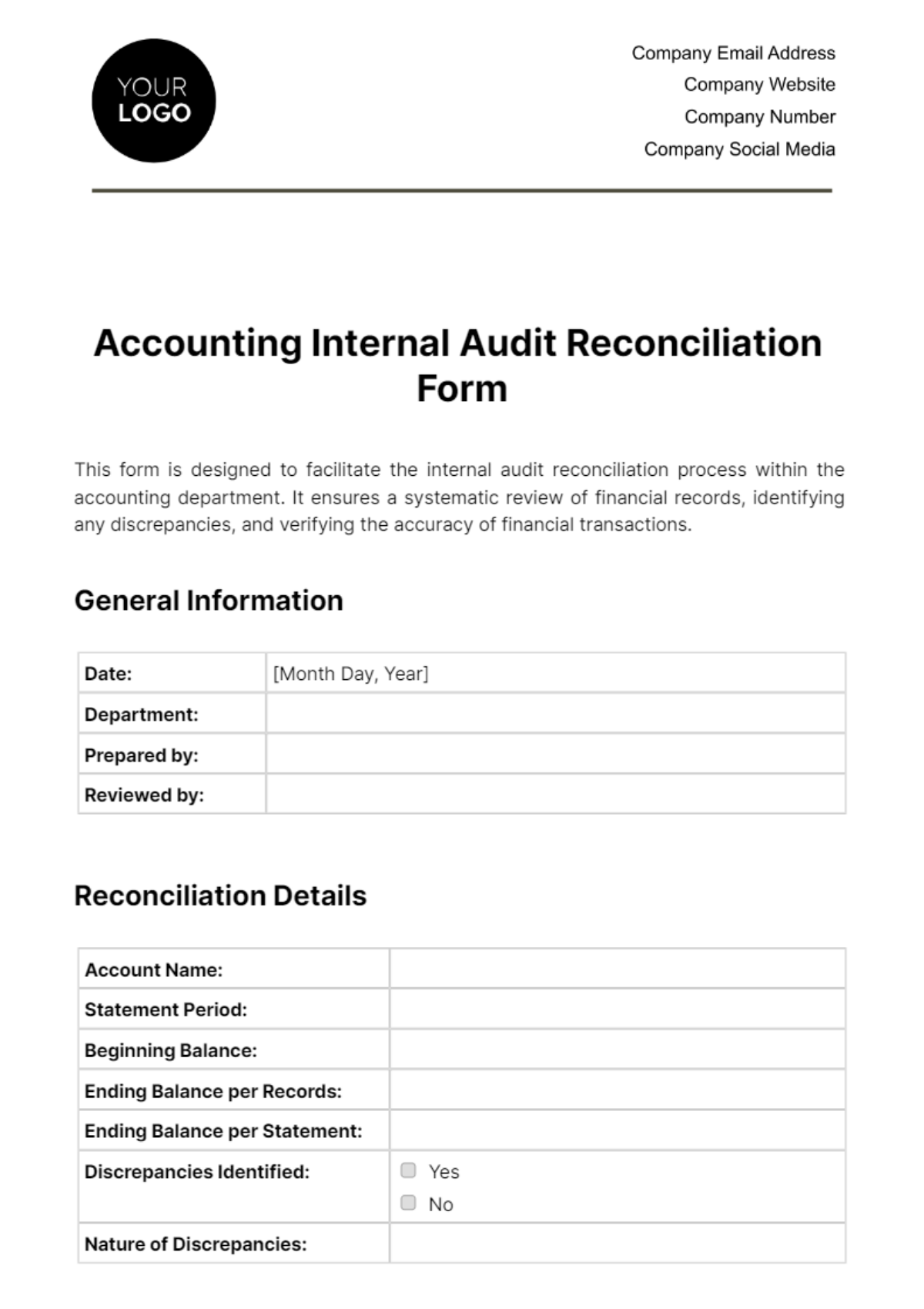 Accounting Internal Audit Reconciliation Form Template - Edit Online & Download