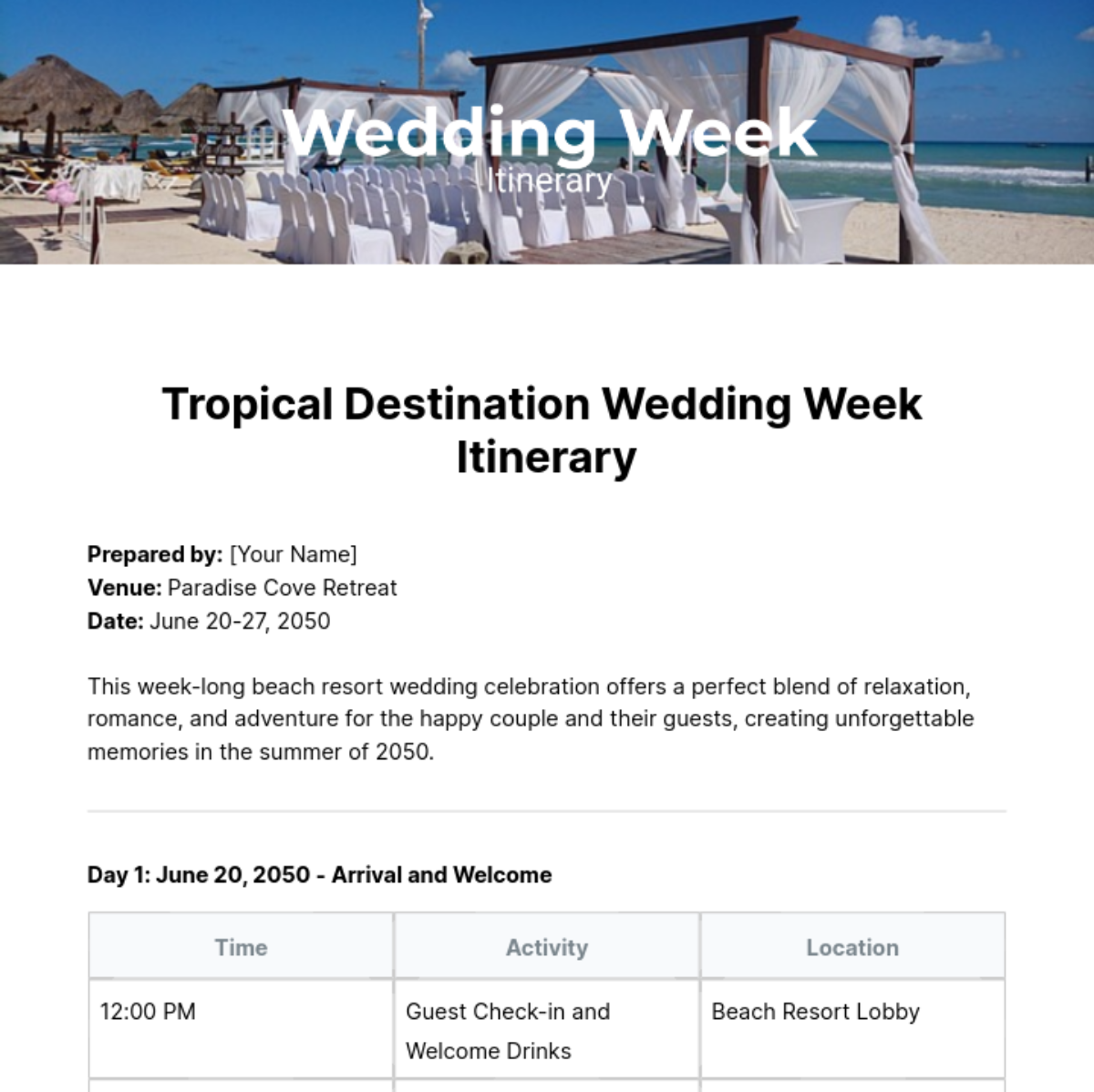 Wedding Week Itinerary Template