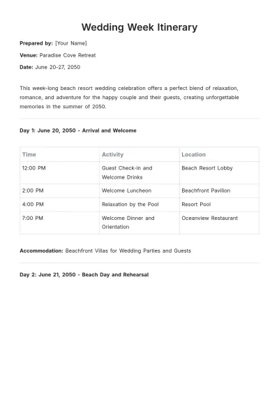 Free Wedding Week Itinerary Template to Edit Online