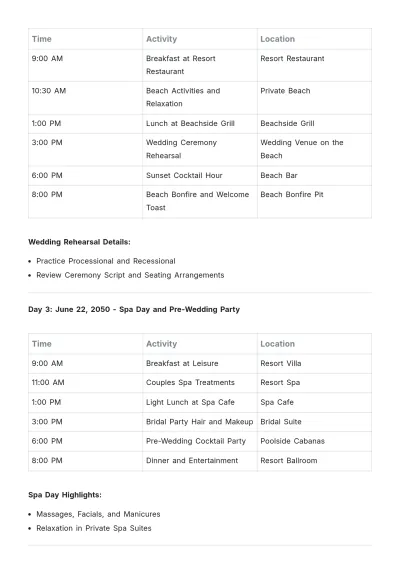 Free Wedding Week Itinerary Template to Edit Online