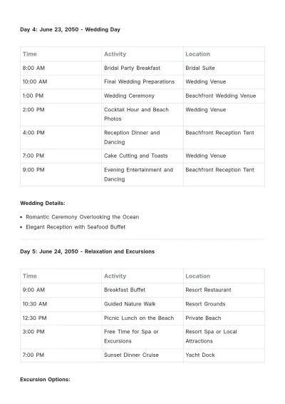 Free Wedding Week Itinerary Template to Edit Online