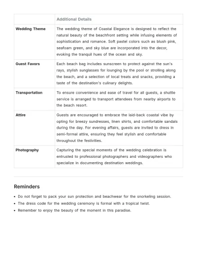 Free Wedding Week Itinerary Template to Edit Online