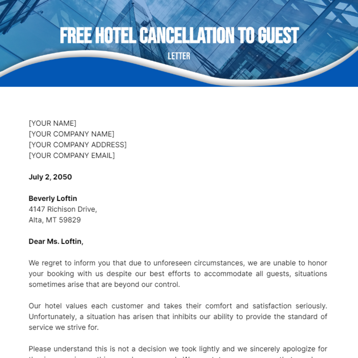 Hotel Cancellation Letter to Guest Template