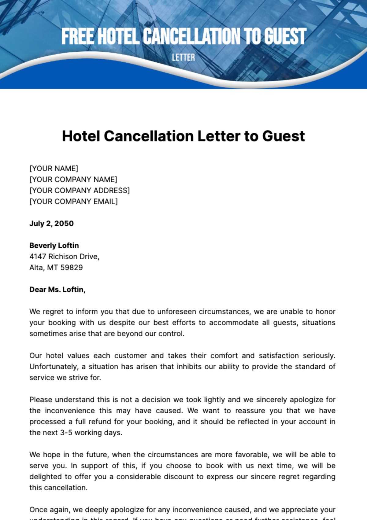Free Hotel Cancellation Letter to Guest Template