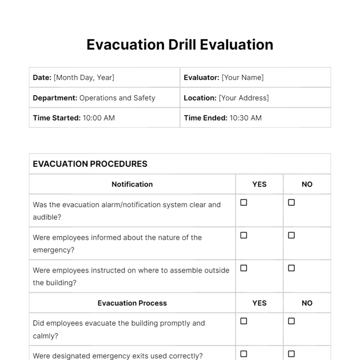 Evacuation Drill Evaluation Hr Template Edit Online And Download Example 6986