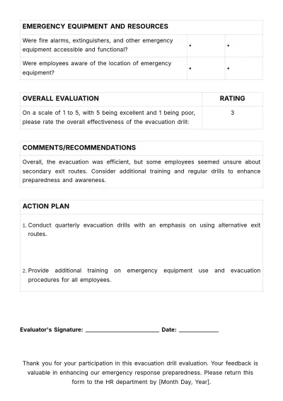 Free Evacuation Drill Evaluation HR Template to Edit Online