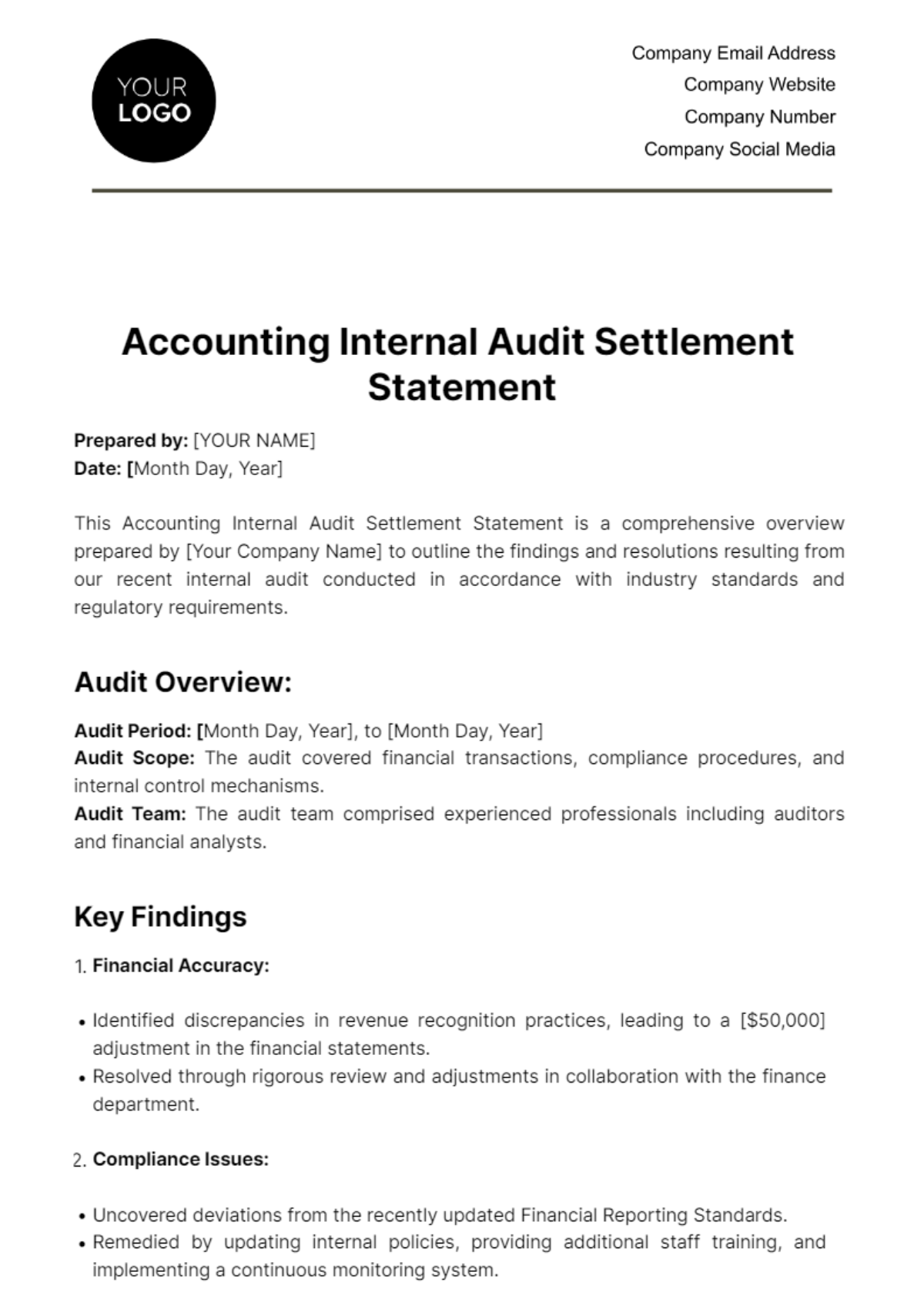 Accounting Internal Audit Settlement Statement Template