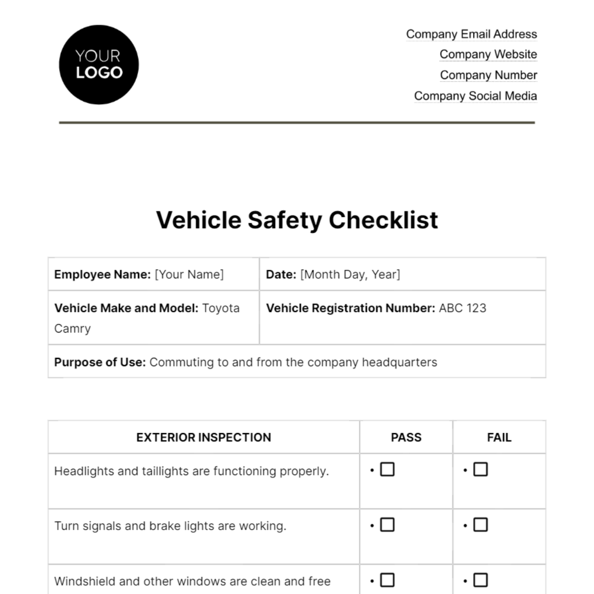 Vehicle Safety Checklist HR Template