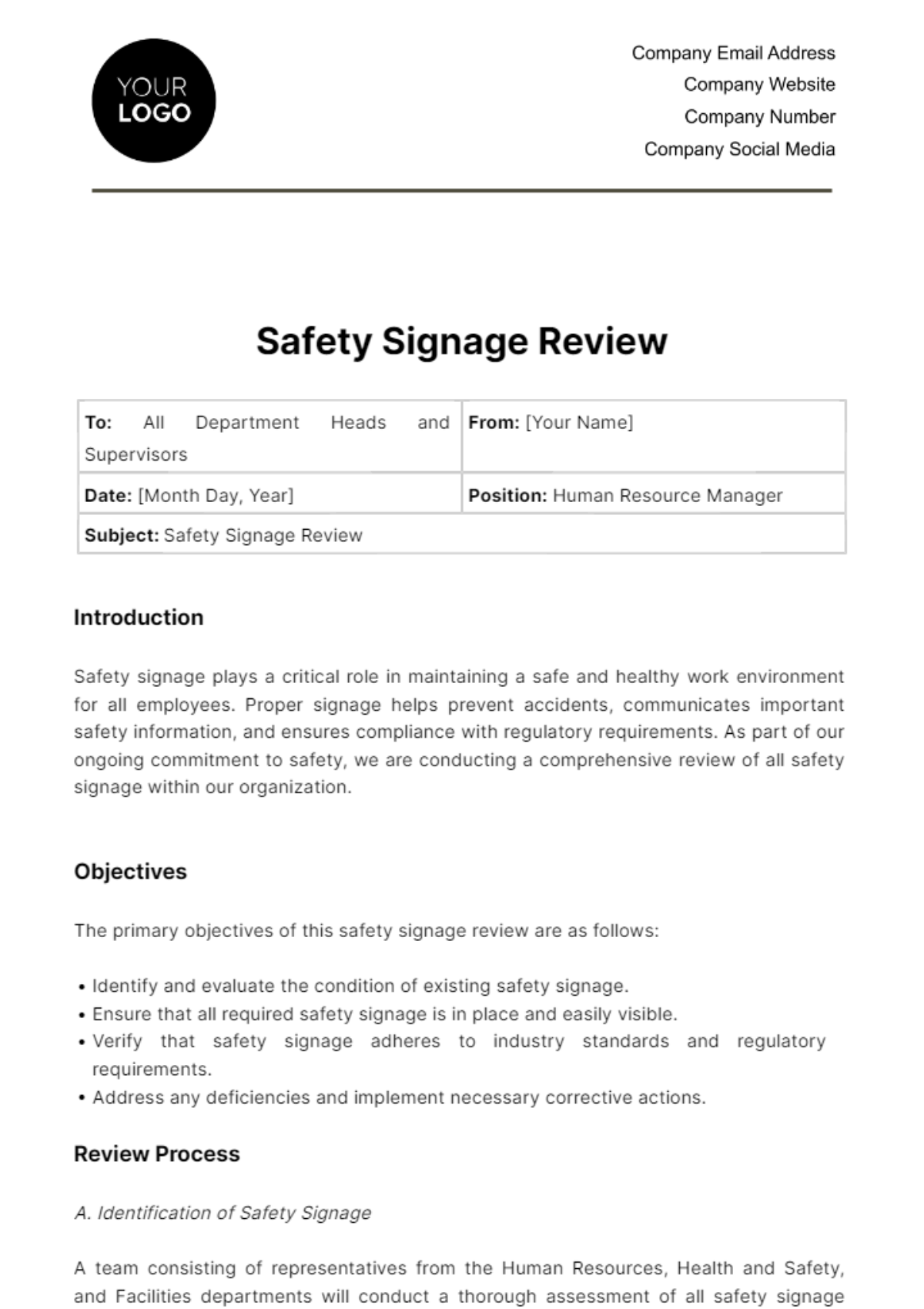 Safety Signage Review HR Template