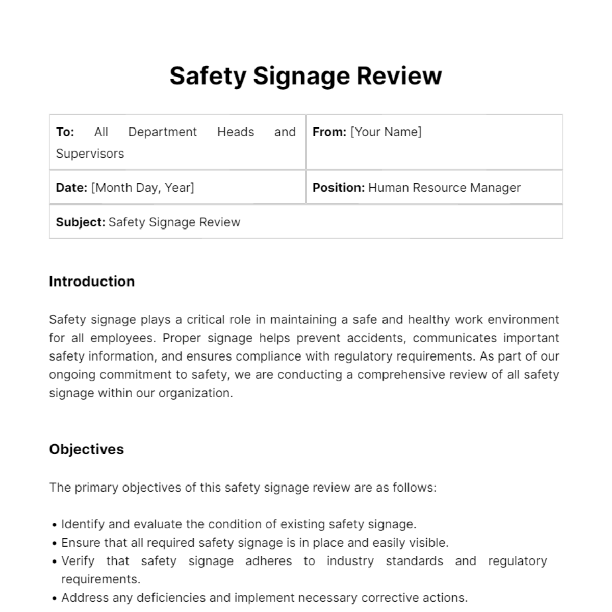 Safety Signage Review HR Template - Edit Online & Download