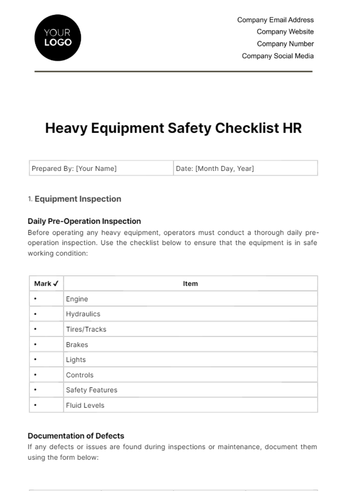 Free Heavy Equipment Safety Checklist HR Template