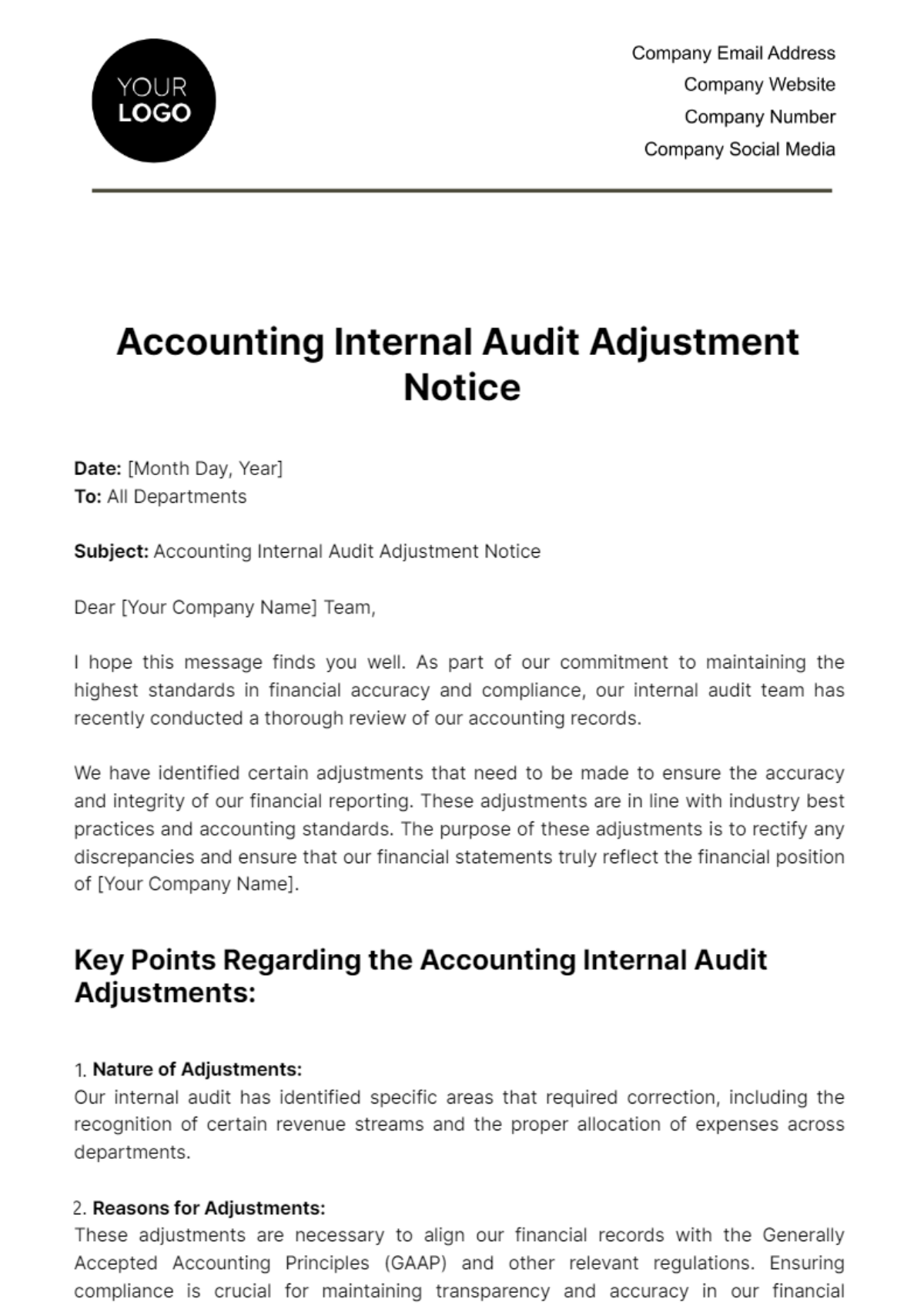 Accounting Internal Audit Adjustment Notice Template
