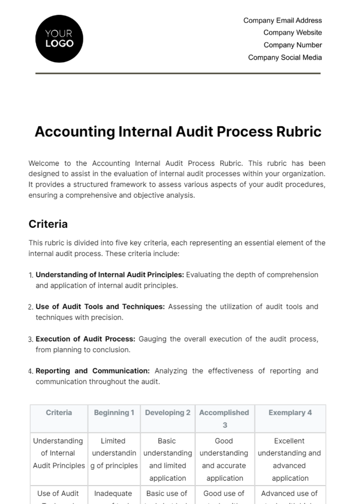 Accounting Internal Audit Process Rubric Template