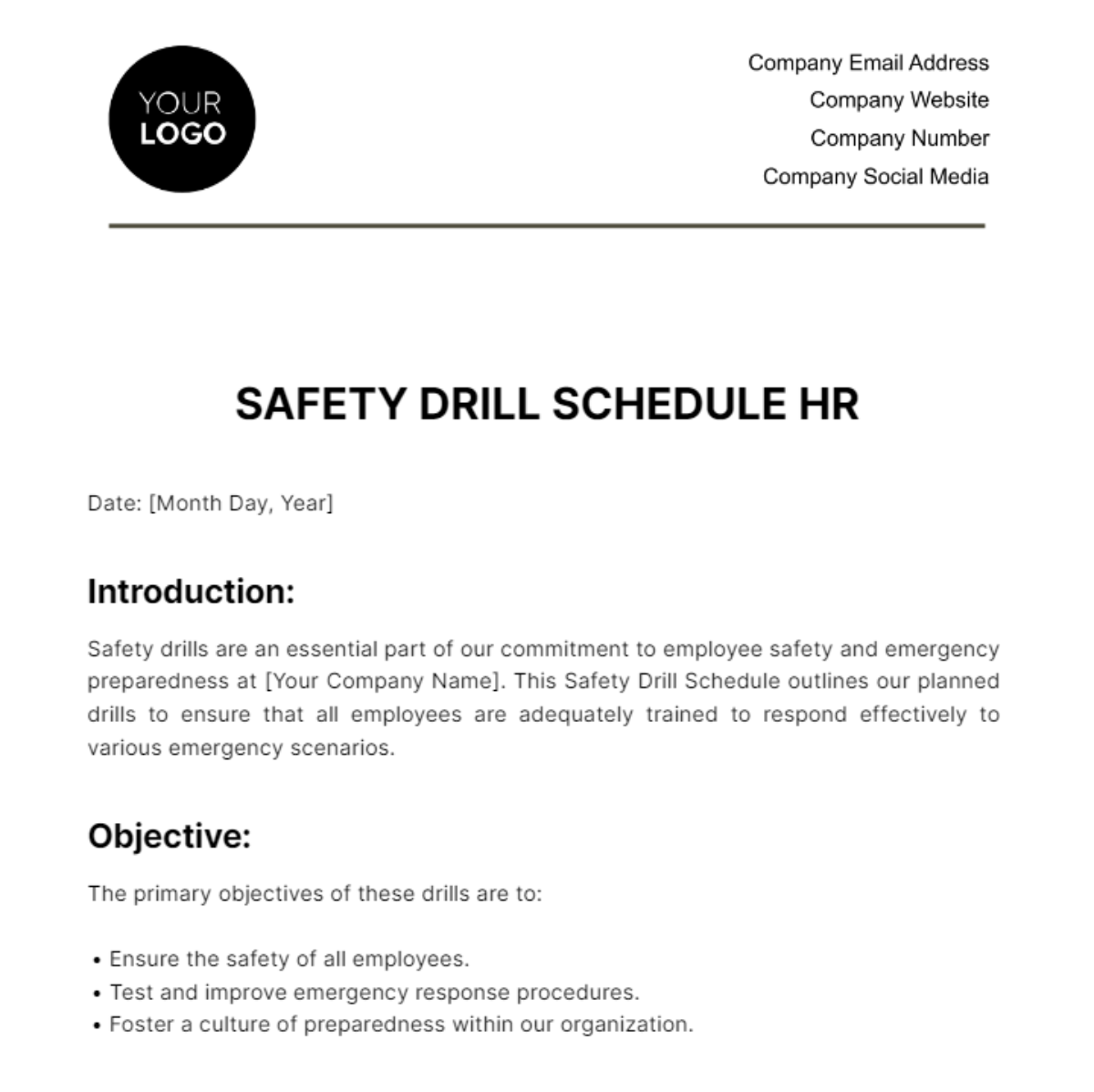 Safety Drill Schedule HR Template