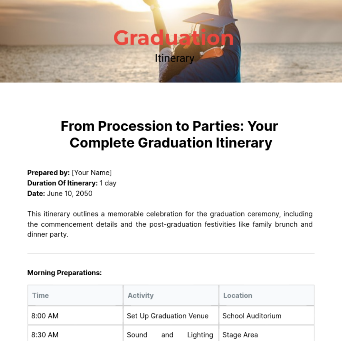 Graduation Itinerary Template